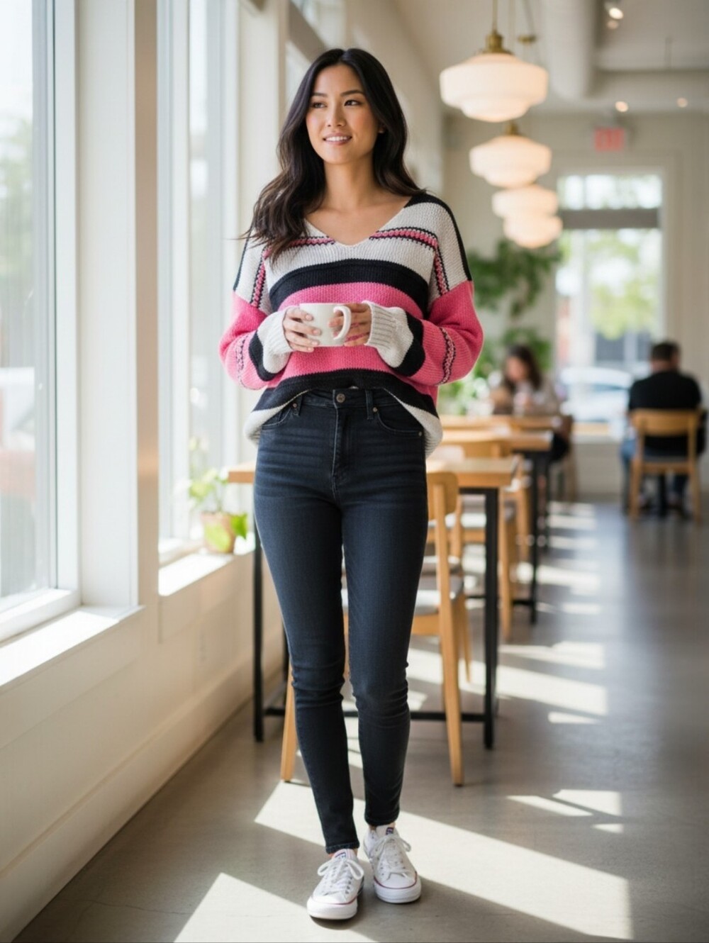Striped Pink and Black V-Neck Knit Sweater Size M